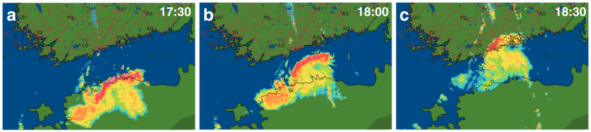 Karta av en åskfronts rörelsen klockan 17:30-18:30.