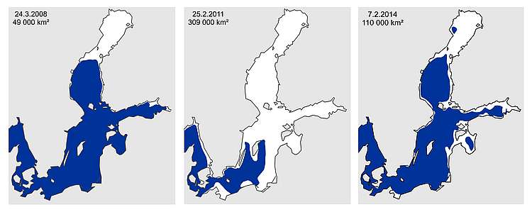 Iskartorna över de maximala isutbredningar 2008, 2011 och 2014.