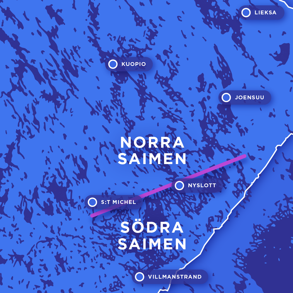 Södra Saimen är sydöster om Nyslott och Norra Saimen nordväst om Nyslott.