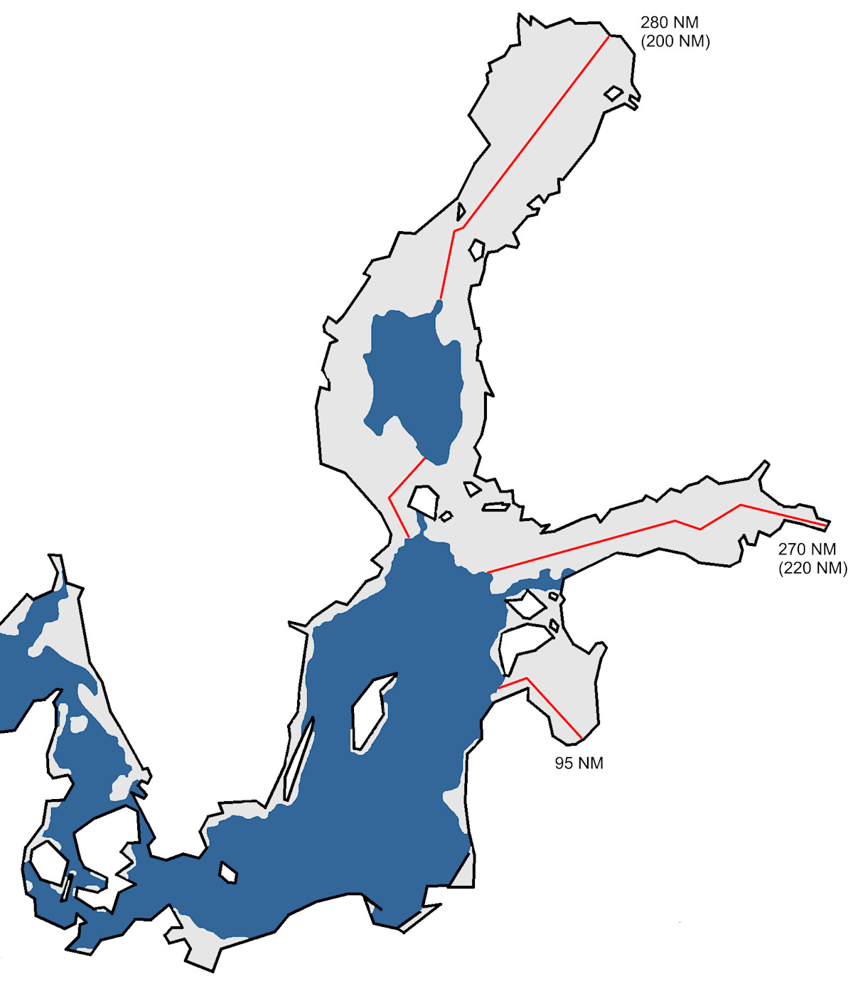 Karta över största isutbredning i Östersjön. Bottenhavet, Kvarken, Skärgårdshavet, Finska viken och Rigabukten är helt täckt av is. I mitten av Bottenhavet finns det öppet vatten. På södra Östersjön finns det is nära kusten.