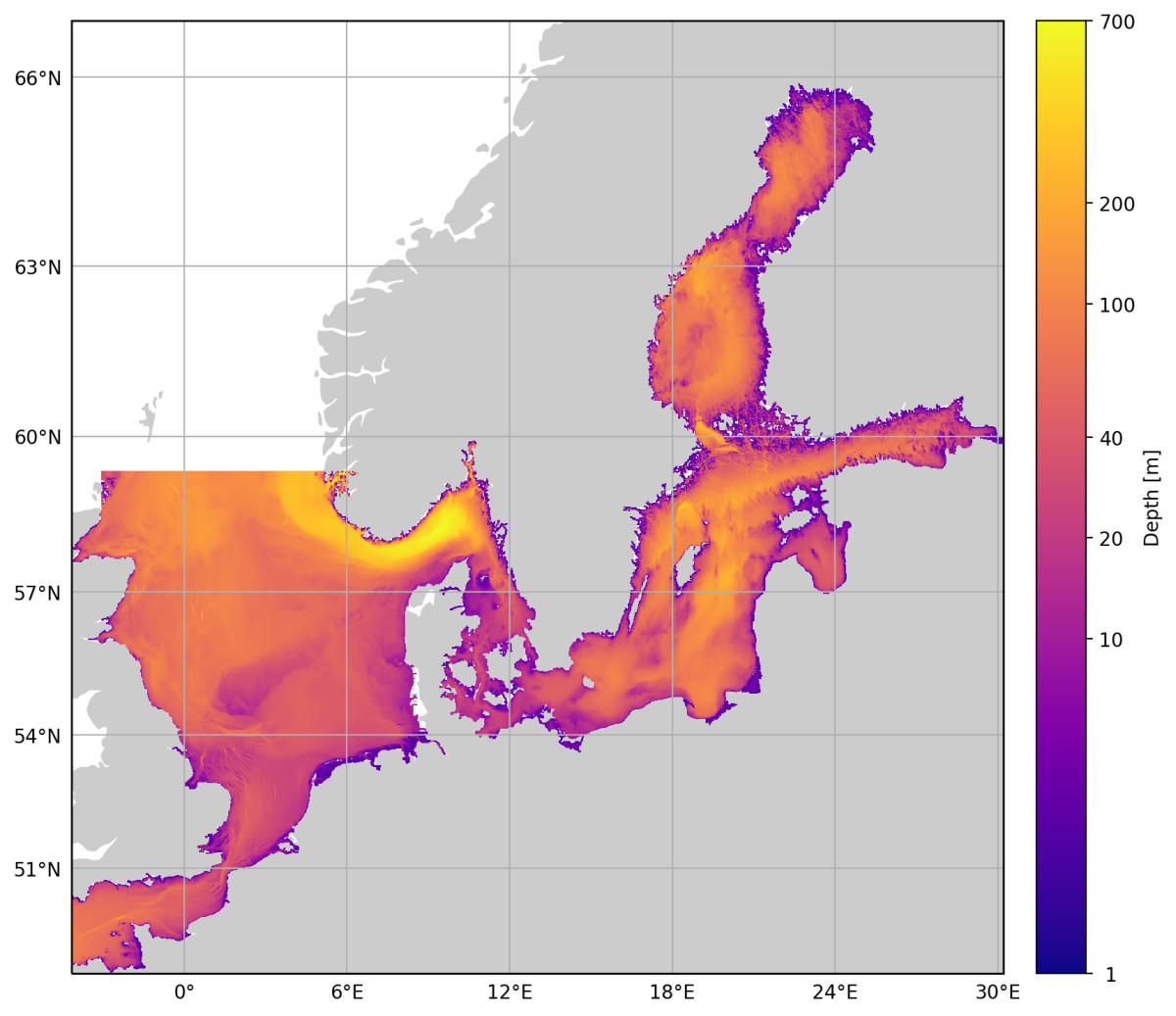 Beräkningsyta och djupdata för den tredimensionella NEMO-havsmodellen