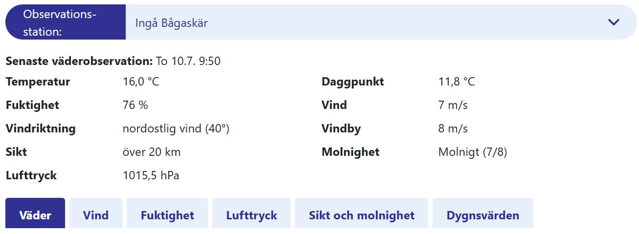 Exempel av Kuststationer sidan. Stationen kan väljas och senaste observationer visas under.