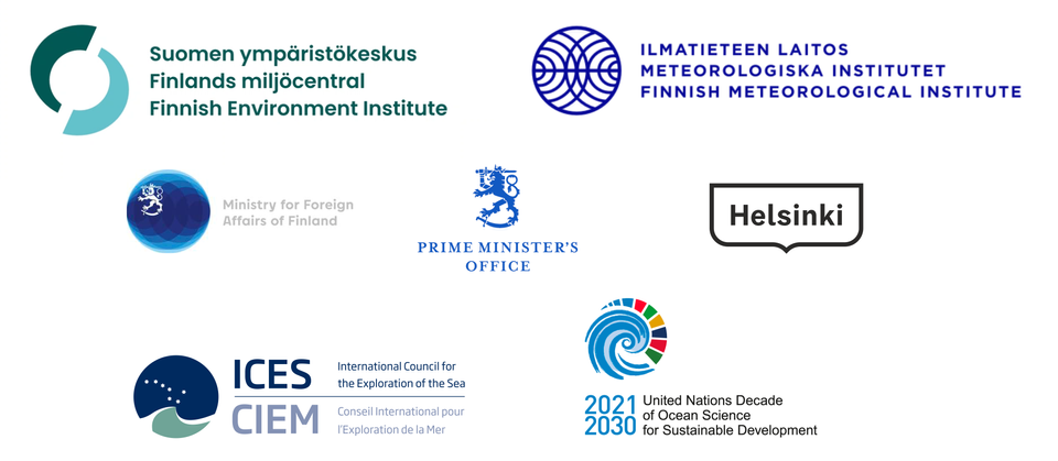Arrangörernas logotyper: Finlands miljöcentral, Meteorologiska institutet, utrikesministeriet, statsrådet kansli, Helsingfors stadt, ICES och UN Nations Decade of Ocean Science.