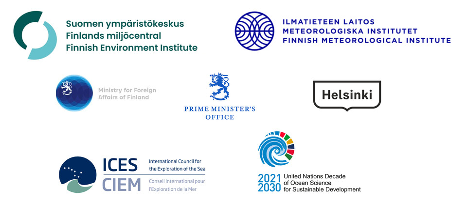 Arrangörernas logotyper: Finlands miljöcentral, Meteorologiska institutet, utrikesministeriet, statsrådet kansli, Helsingfors stadt, ICES och UN Nations Decade of Ocean Science.