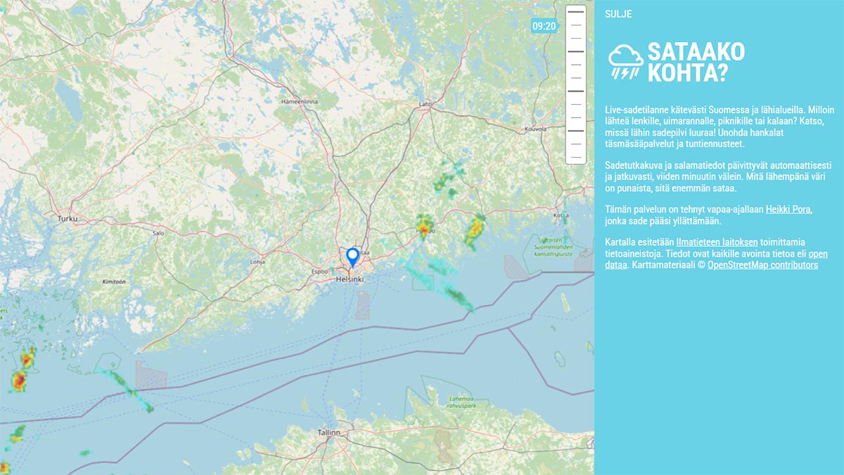 Skärmdump från en Sataako.fi webbtjänst som följer regnområden i Finland och närliggande områden.