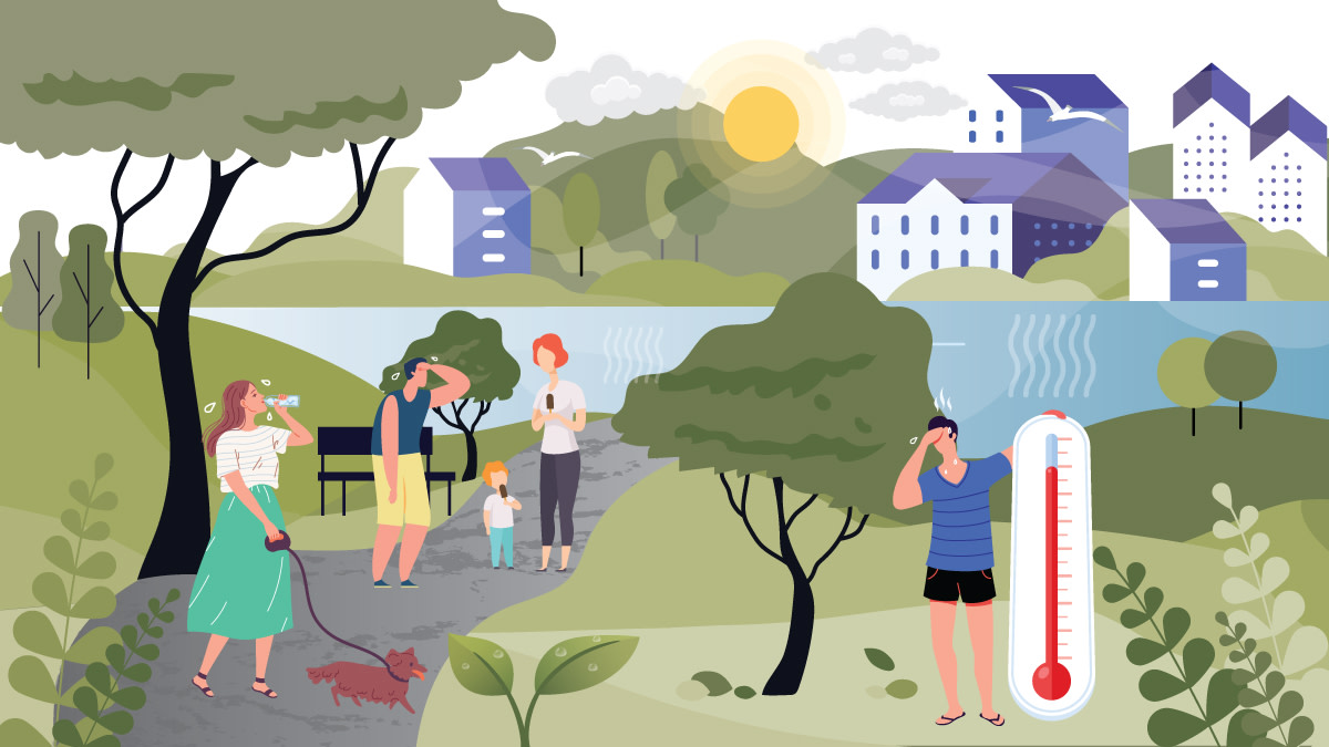 Människor och hund blir heta medan solen skimrar varmt. Det är vindstilla och fuktig.