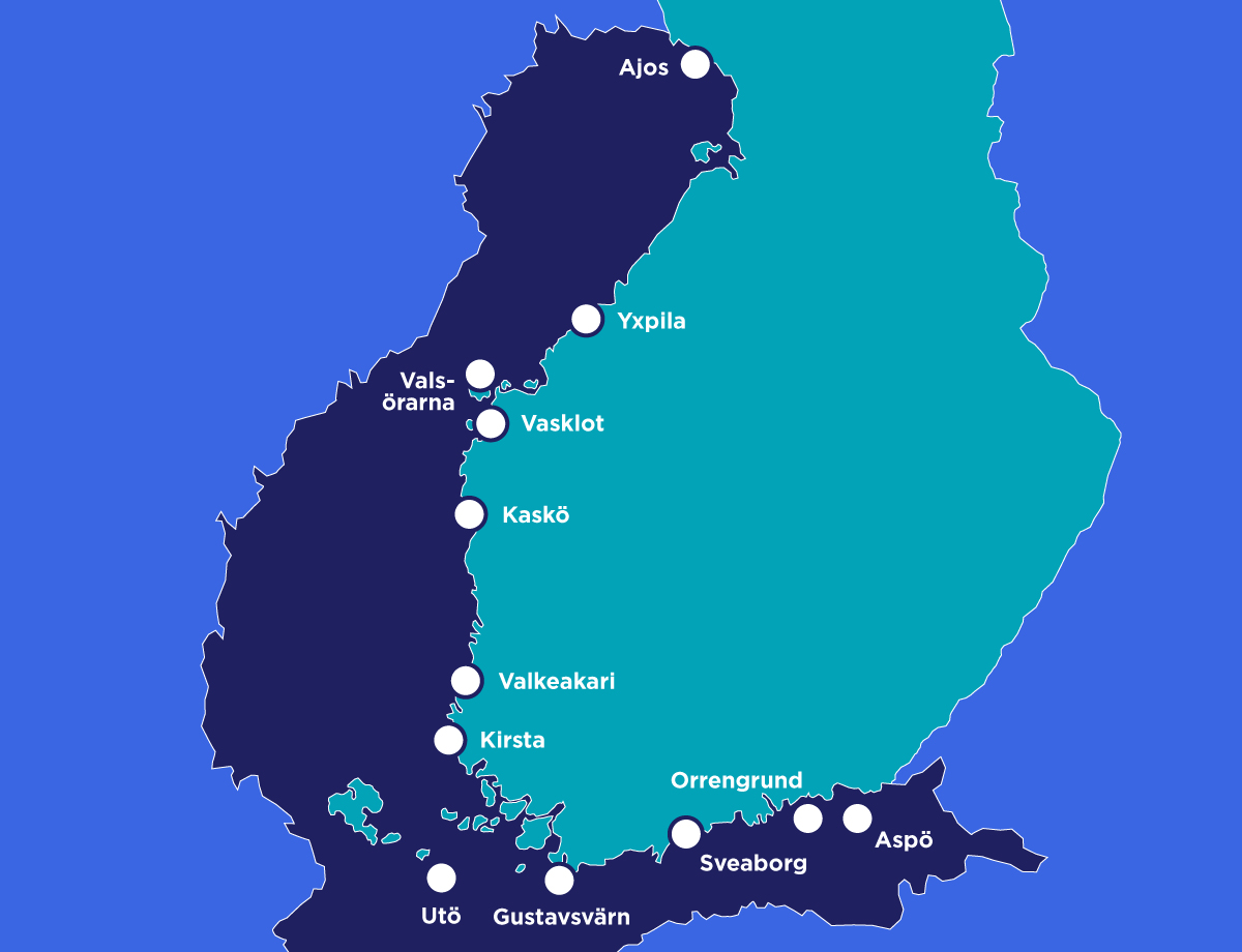 Platserna på kartan: Ajos, Yxpila, Valsörarna, Vasklot, Kaskö, Valkeakari, Kirsta, Utö, Gustavsvärn, Sveaborg, Orrengrund och Aspö.