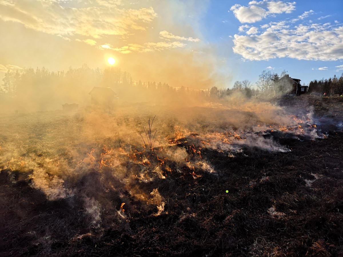 Rök i luften och marken brinner.
