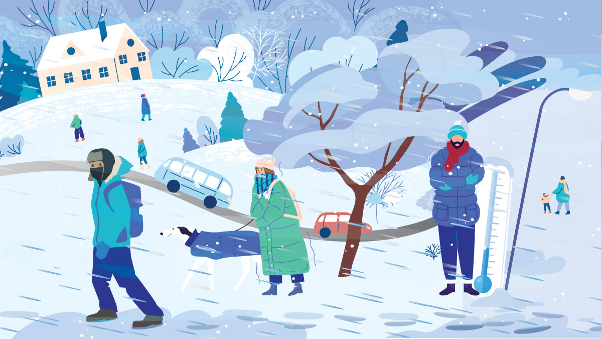 Människor har mycket kläder, halsdukar framför ansiktet och tjocka mössor. Temperaturen är låg och det är luftigt.