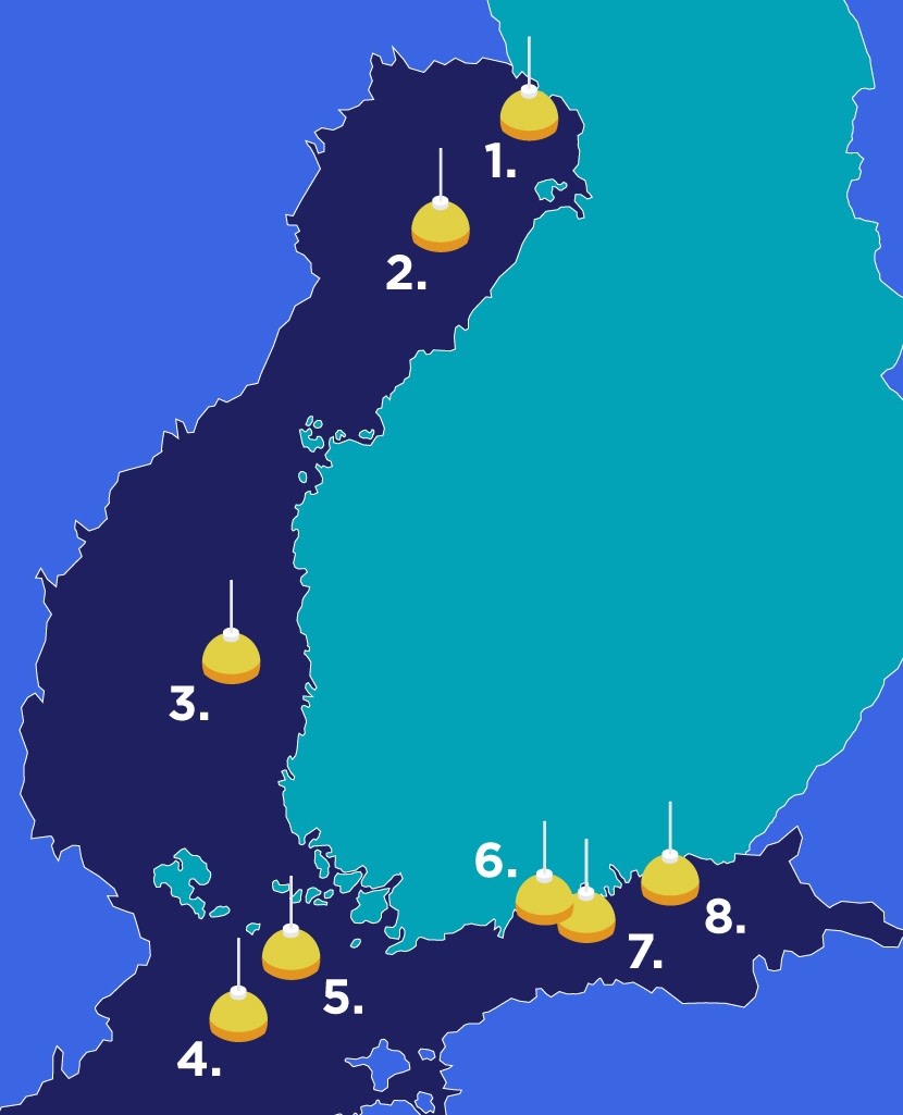 Vågbojarna på Östersjön på kartan. Nummer 1 är mest nord och nummer 8 mest östlig.